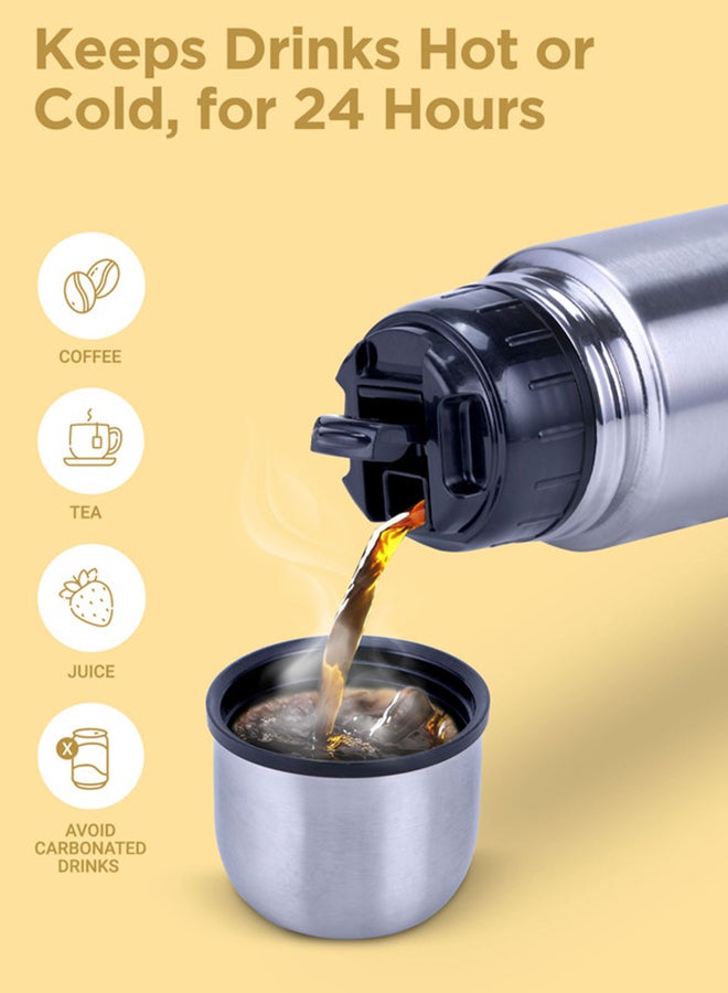 1000ml Thermosteel Flask with Jacket, Keeps Drinks Hot and Cold for 24 Hours, 18/8 Stainless Steel, Double-Walled Vacuum Insulated Water Bottle with Inner Copper Coating - Flip Lid Silver 1Liters