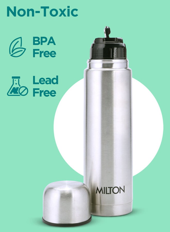 1000ml Thermosteel Flask with Jacket, Keeps Drinks Hot and Cold for 24 Hours, 18/8 Stainless Steel, Double-Walled Vacuum Insulated Water Bottle with Inner Copper Coating - Flip Lid Silver 1Liters