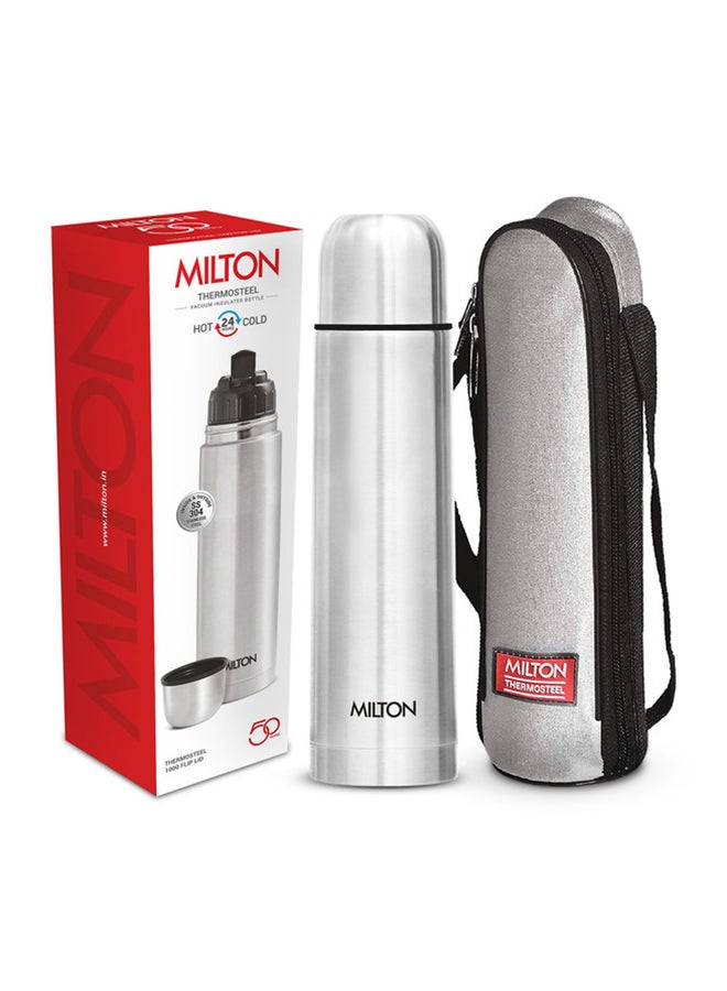 1000ml Thermosteel Flask with Jacket, Keeps Drinks Hot and Cold for 24 Hours, 18/8 Stainless Steel, Double-Walled Vacuum Insulated Water Bottle with Inner Copper Coating - Flip Lid Silver 1Liters
