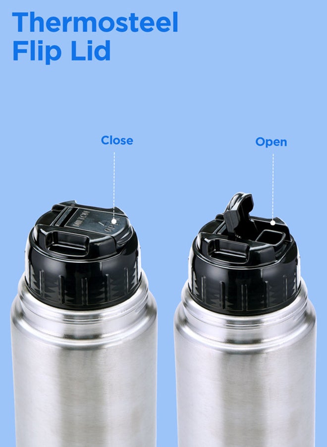 1000ml Thermosteel Flask with Jacket, Keeps Drinks Hot and Cold for 24 Hours, 18/8 Stainless Steel, Double-Walled Vacuum Insulated Water Bottle with Inner Copper Coating - Flip Lid Silver 1Liters