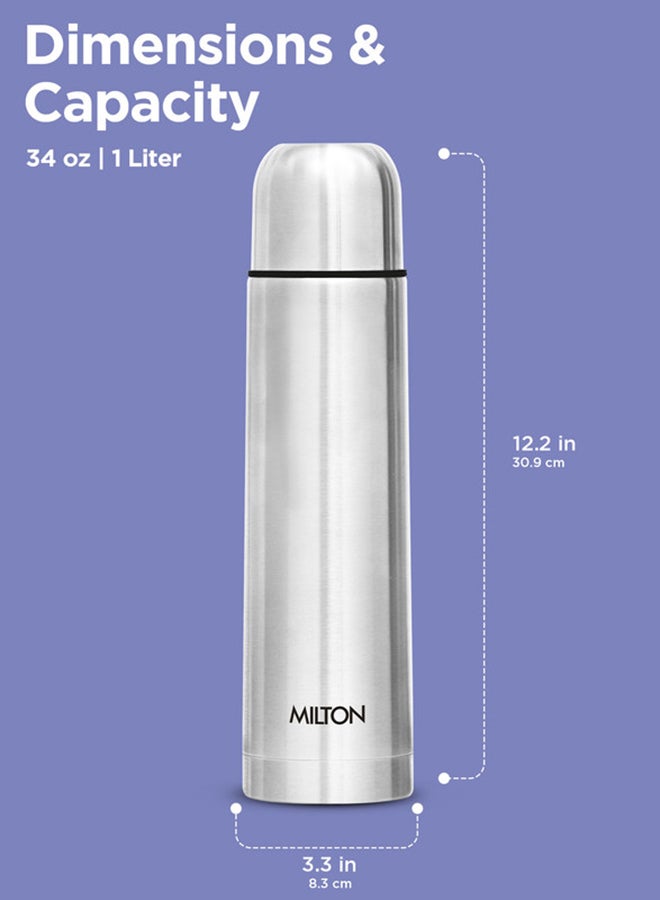 1000ml Thermosteel Flask with Jacket, Keeps Drinks Hot and Cold for 24 Hours, 18/8 Stainless Steel, Double-Walled Vacuum Insulated Water Bottle with Inner Copper Coating - Flip Lid Silver 1Liters