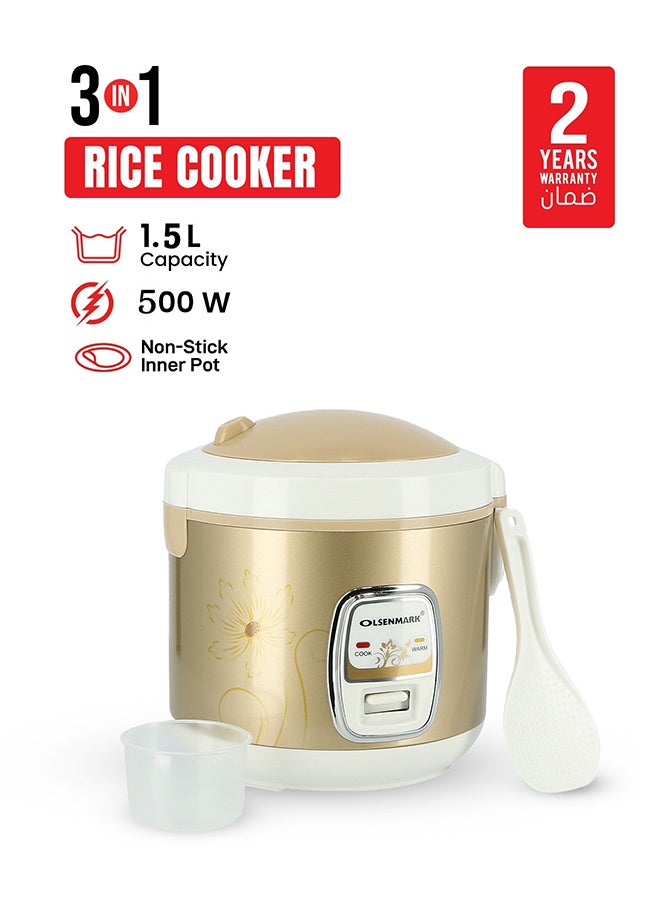 3-in-1 Rice Cooker with 1.5 L Capacity 500 W OMRC2121H Non-Stick Inner Pot, Cook, Steam and Keep Warm Functions, Keeps Rice Warm for Up to 8 Hours, Easy to Clean, Durable and Tougher Outer Body 1.5 L 500 W OMRC2121H Brown