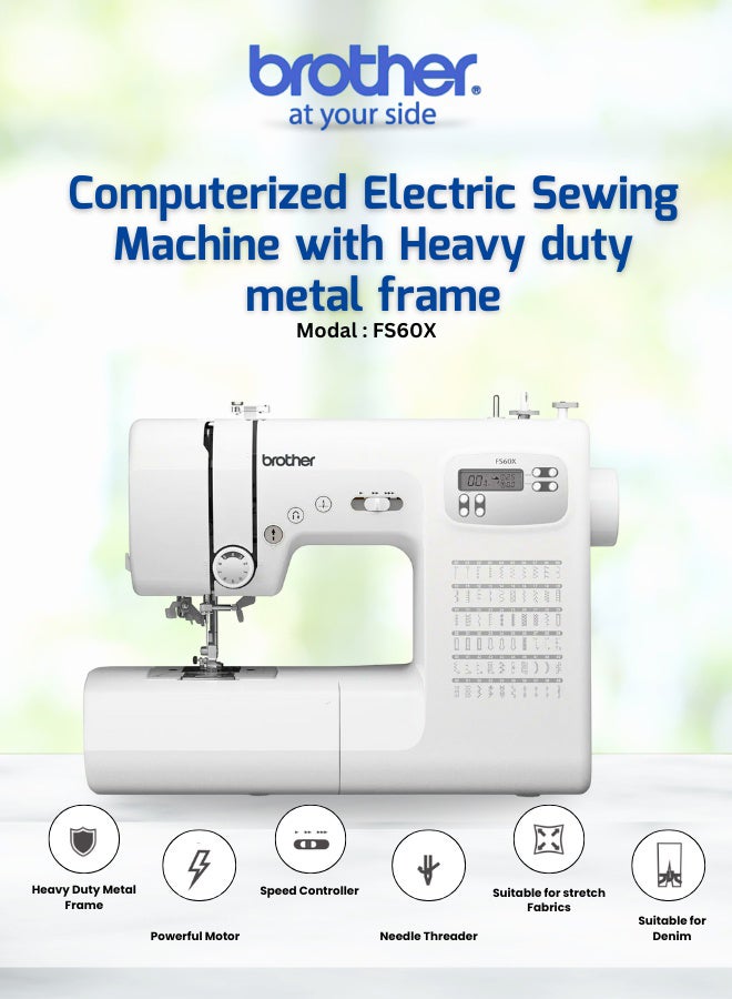 Computerized Electric Sewing Machine With Heavy Duty Metal Frame For Improved Durability And Reduced Vibration And More Accurate Needle Positioning | Easy Needle Threading System And Lcd Display With Easy Stitch Selector | Powerful Motor And Built-In Needle Threader | Speed Controller Ideal For Fast Stitching And Durable Performanc | Made In Vietnam FS60X White