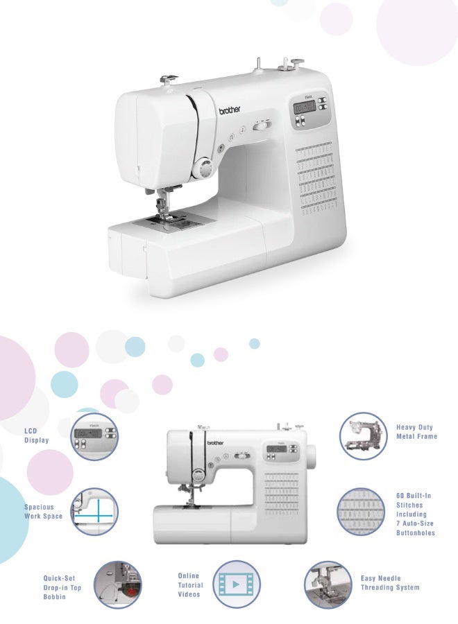 Computerized Electric Sewing Machine With Heavy Duty Metal Frame For Improved Durability And Reduced Vibration And More Accurate Needle Positioning | Easy Needle Threading System And Lcd Display With Easy Stitch Selector | Powerful Motor And Built-In Needle Threader | Speed Controller Ideal For Fast Stitching And Durable Performanc | Made In Vietnam FS60X White
