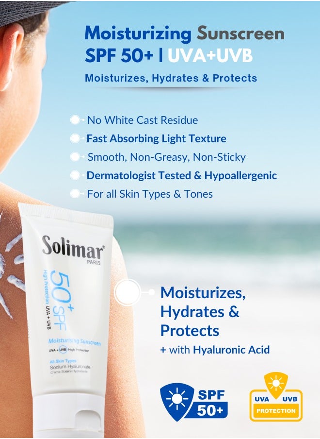 Solimar Paris Moisturizer Sunscreen SPF 50+ Cream 50ml – 2-in-1 Hydrating Face Cream with Broad-Spectrum Sun Protection | Invisible Finish | Fast absorption