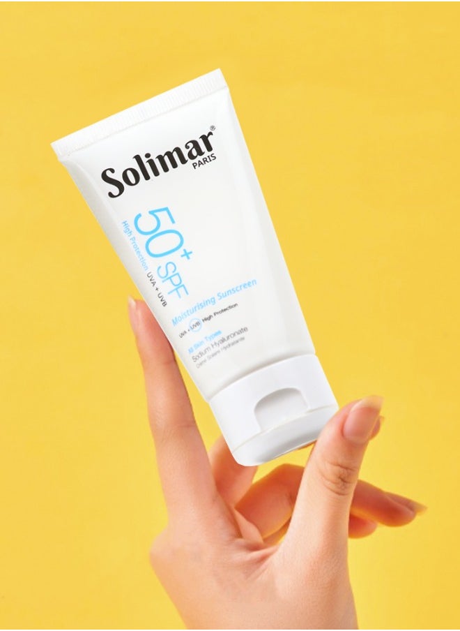 Solimar Paris Moisturizer Sunscreen SPF 50+ Cream 50ml – 2-in-1 Hydrating Face Cream with Broad-Spectrum Sun Protection | Invisible Finish | Fast absorption