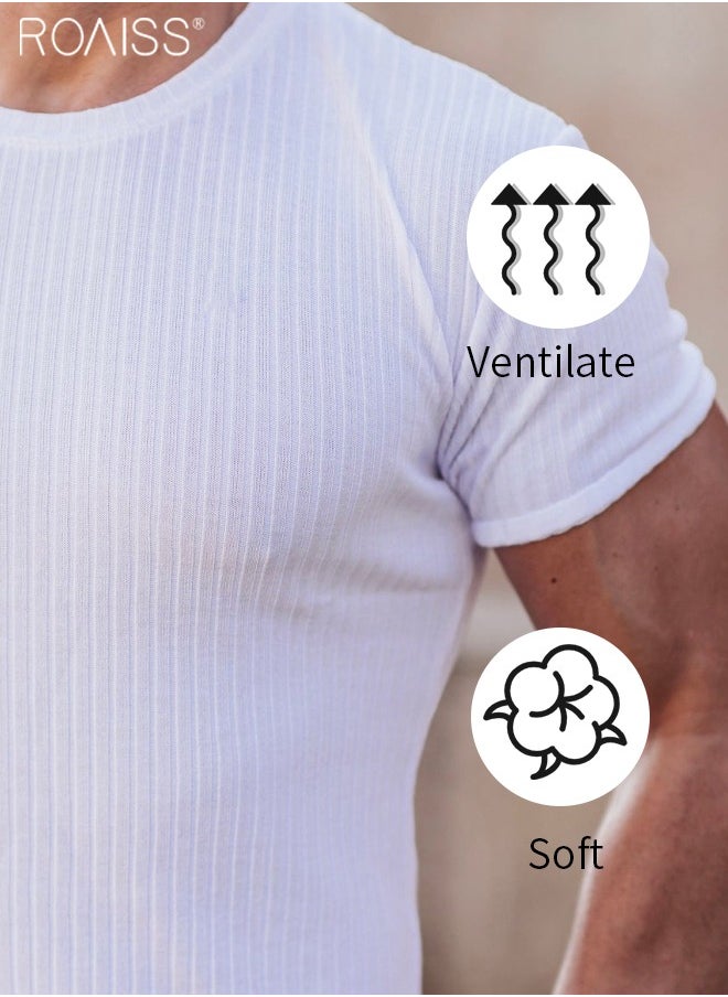 2-Piece Men's T-Shirt Elastic Vertical Short Sleeve Round Neck Top Sports And Casual Versatile Short Sleeved Top