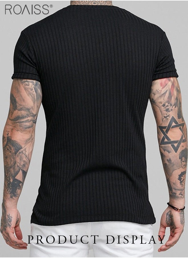 2-Piece Men's T-Shirt Elastic Vertical Short Sleeve Round Neck Top Sports And Casual Versatile Short Sleeved Top