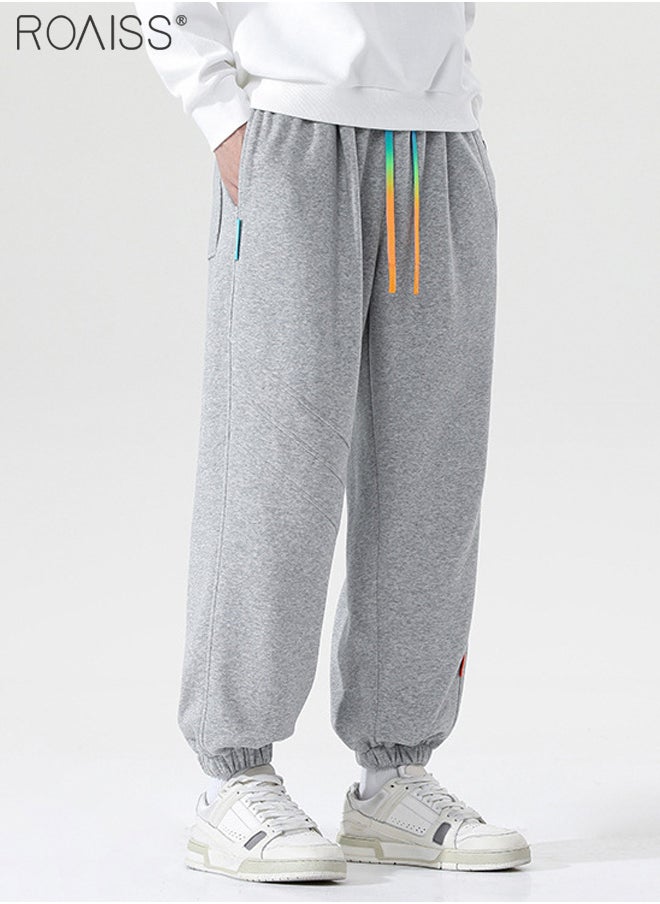 Mens Casual Cuffed Pants Trousers Elastic Waist Drawstring Long Pants for Men Relaxed Fit Outdoor Sweatpants Grey Suitable for Running Fitness