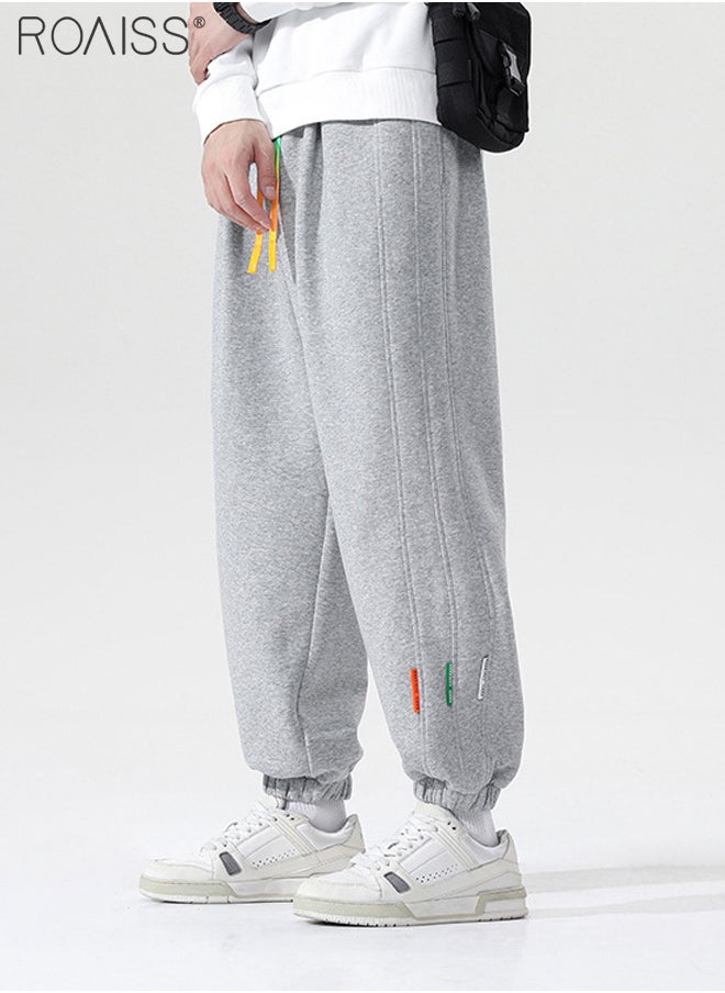 Mens Casual Cuffed Pants Trousers Elastic Waist Drawstring Long Pants for Men Relaxed Fit Outdoor Sweatpants Grey Suitable for Running Fitness
