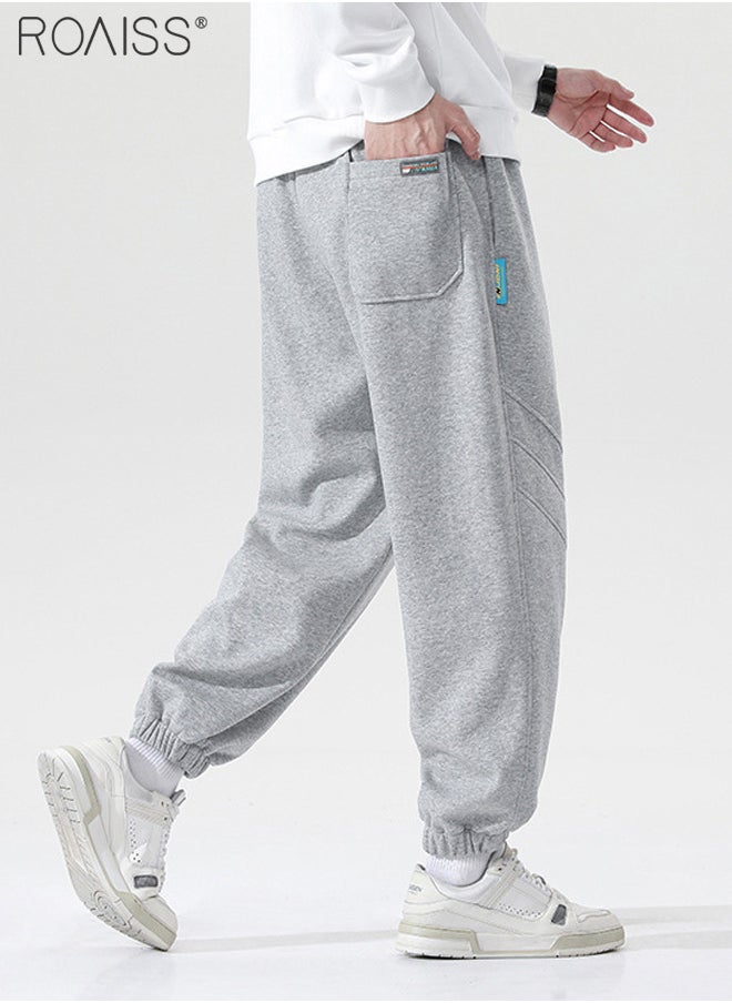 Mens Casual Cuffed Pants Trousers Elastic Waist Drawstring Long Pants for Men Relaxed Fit Outdoor Sweatpants Grey Suitable for Running Fitness