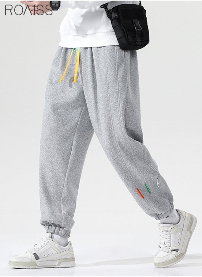 Mens Casual Cuffed Pants Trousers Elastic Waist Drawstring Long Pants for Men Relaxed Fit Outdoor Sweatpants Grey Suitable for Running Fitness