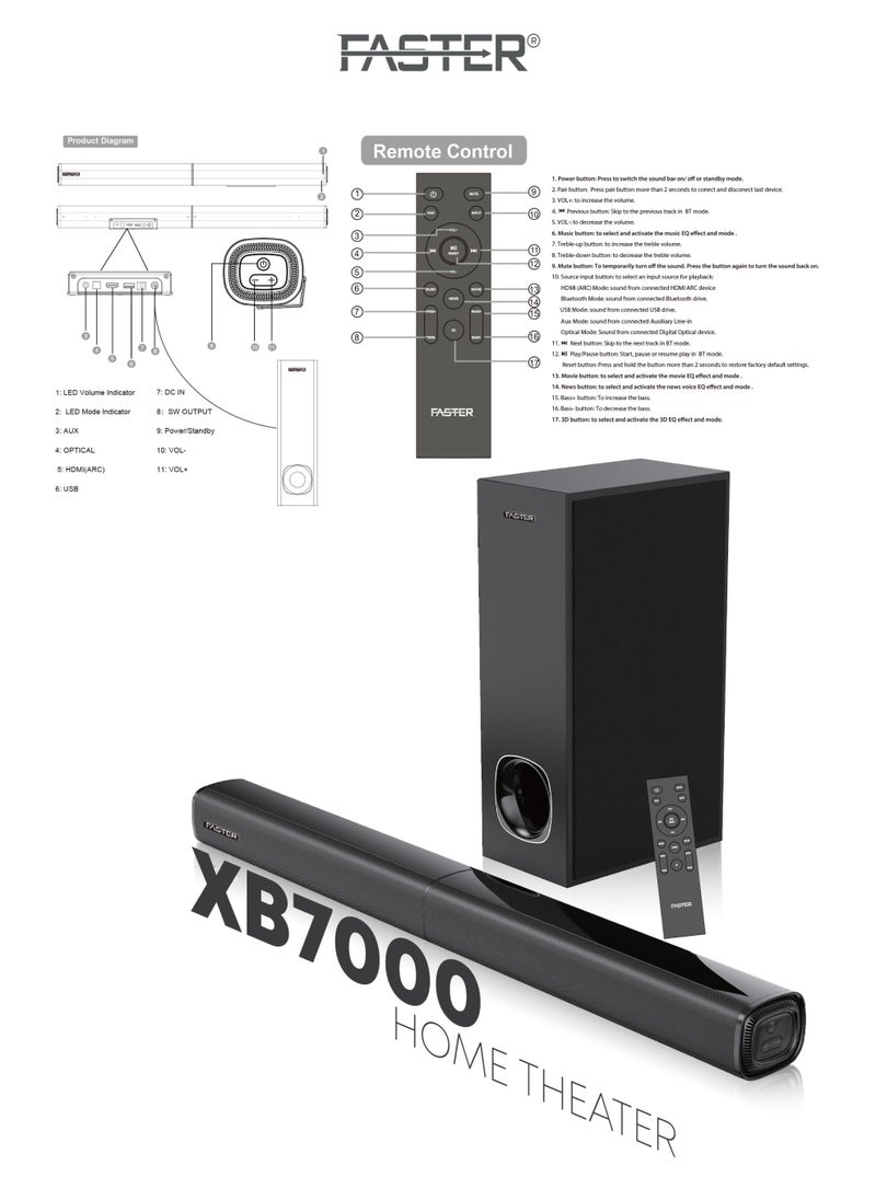 XB7000 2.1 CH Home Theater Soundbar - Wired Subwoofer 80W Powerful Output - Dedicated Sound Mode, Deep and Thrilling Bass, Digital Embedded - Supporting Bluetooth, Optical HDMI(ARC), AUX, USB & Remote