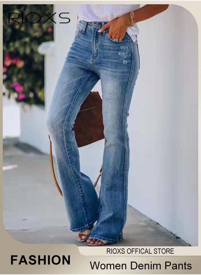 Women's Denim Pants, Mid Waist Stretch Denim Pants, Ladies Jeans with Zip Fly And Button Closure, Vintage-style Jeans, Perfect for Work, Casual, Outdoor and Party