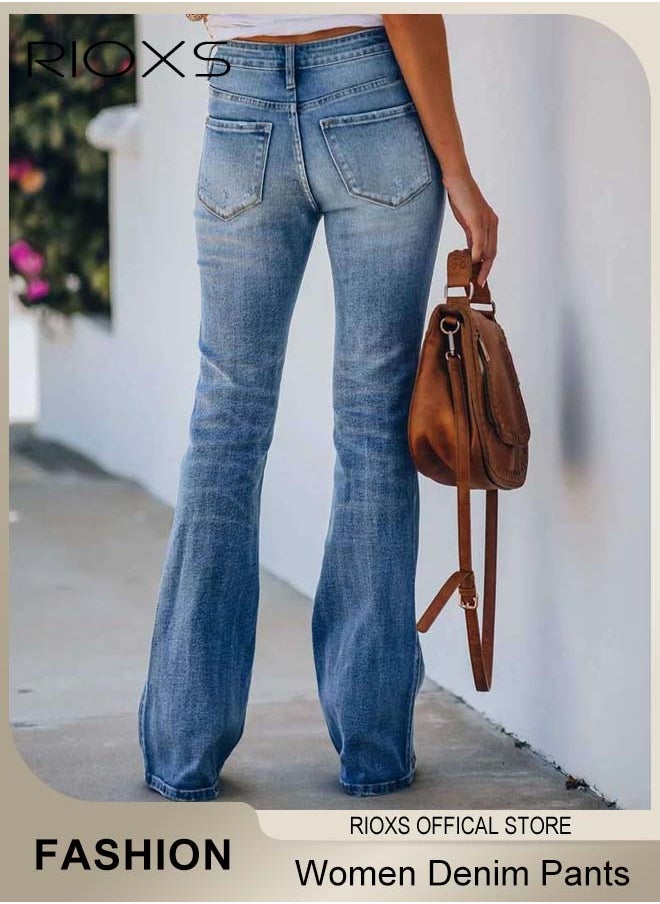 Women's Denim Pants, Mid Waist Stretch Denim Pants, Ladies Jeans with Zip Fly And Button Closure, Vintage-style Jeans, Perfect for Work, Casual, Outdoor and Party