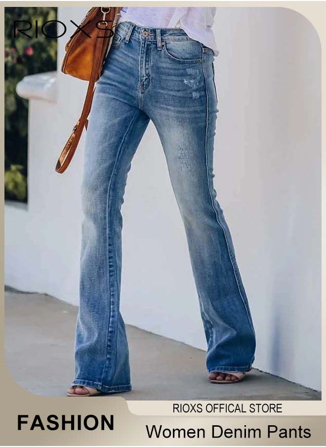 Women's Denim Pants, Mid Waist Stretch Denim Pants, Ladies Jeans with Zip Fly And Button Closure, Vintage-style Jeans, Perfect for Work, Casual, Outdoor and Party