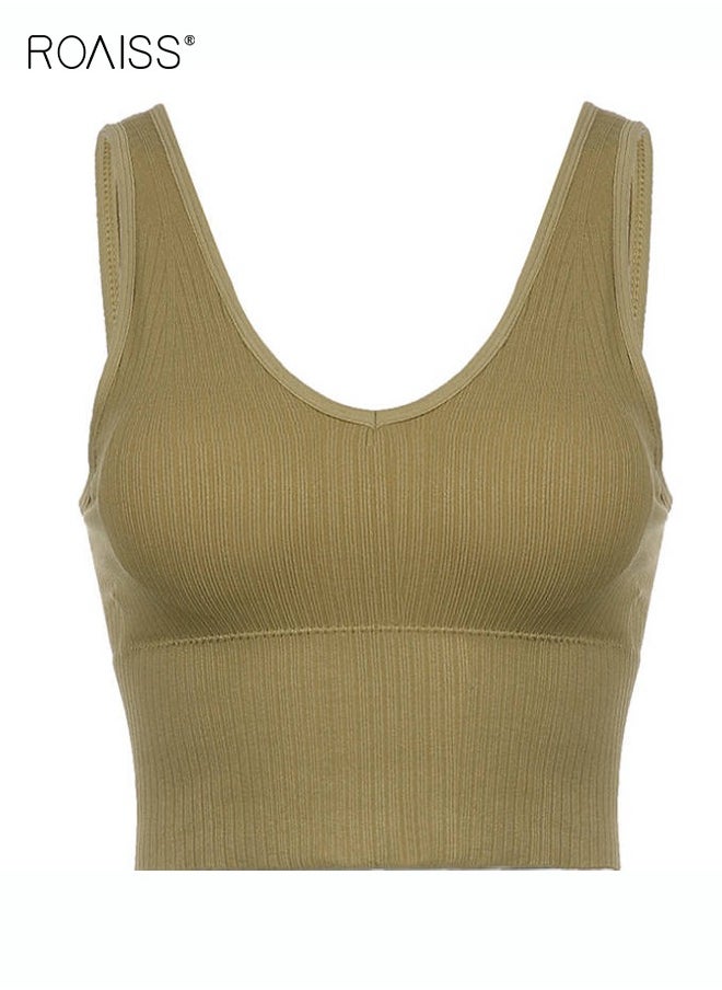 Women's Padded Sports Underwear Classic V Neck Sleeveless Top Pullover High Elastic Tank Top Classic Solid Versatile Tank Top