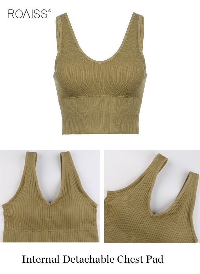 Women's Padded Sports Underwear Classic V Neck Sleeveless Top Pullover High Elastic Tank Top Classic Solid Versatile Tank Top
