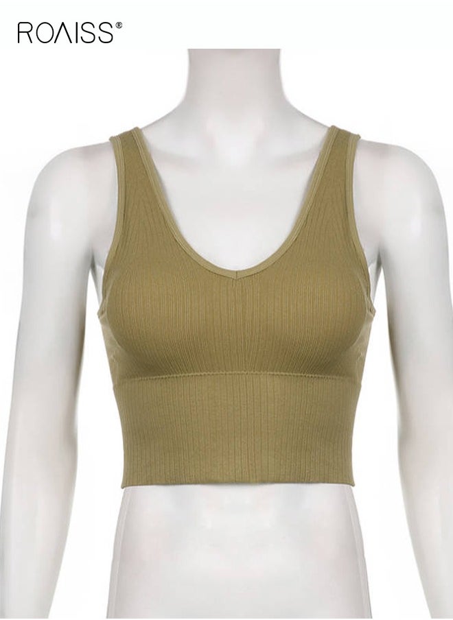 Women's Padded Sports Underwear Classic V Neck Sleeveless Top Pullover High Elastic Tank Top Classic Solid Versatile Tank Top