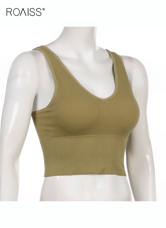 Women's Padded Sports Underwear Classic V Neck Sleeveless Top Pullover High Elastic Tank Top Classic Solid Versatile Tank Top