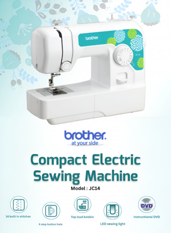 JC14 Compact Electric Sewing Machine easy to use sewing and mending machine |Featuring 14 range of stitches and free arm conversion This 4-step buttonhole | top load bobbin system and LED sewing light,| an instructional DVD for easy setup and operation | White/Pink color |Made in Vietnam JC14 White