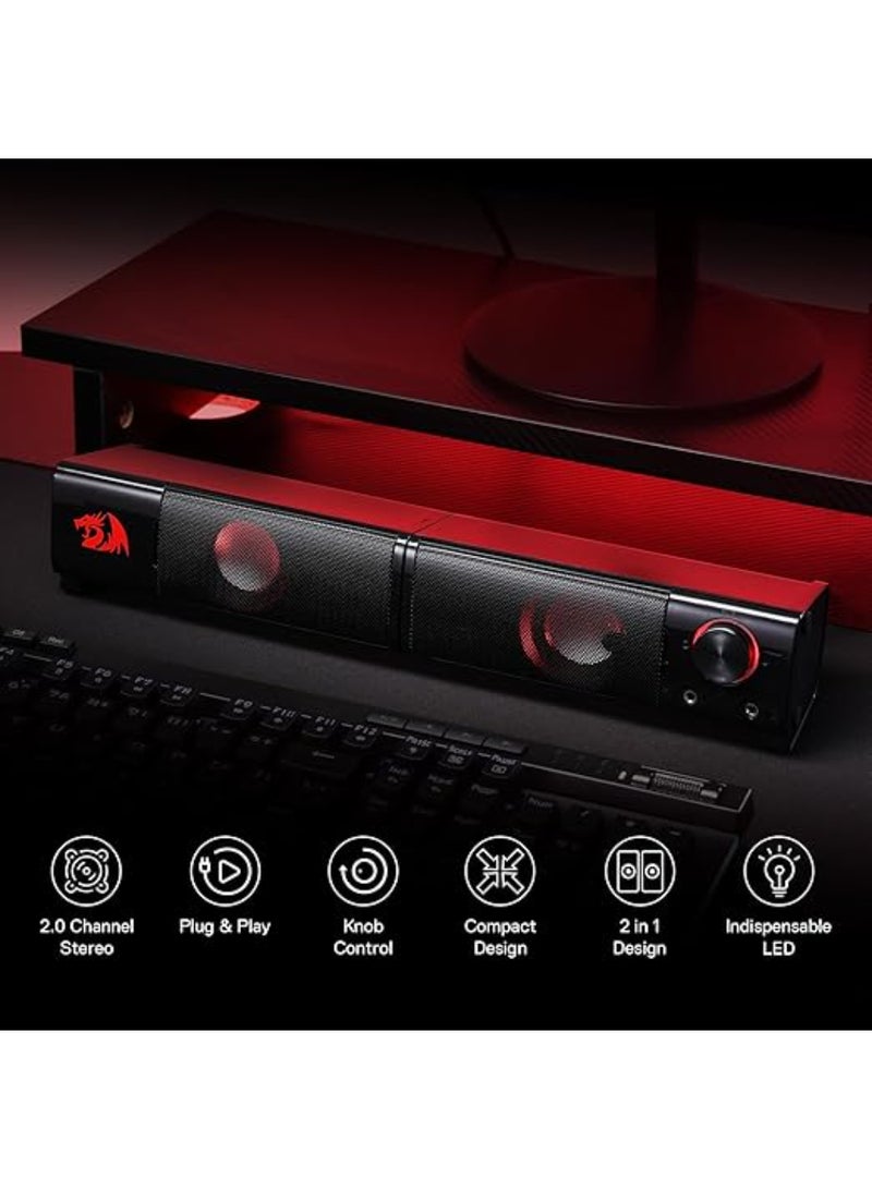 GS550 ORPHEUS PC Gaming Speakers 2.0 Channel Stereo Desktop Computer Sound Bar with Compact Maneuverable Size Headphone Jack Quality Bass and Decent Red Backlit USB Powered w/ 3.5mm Cable