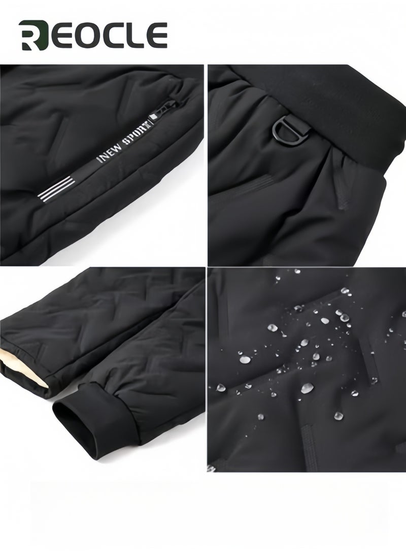 Winter Snow Pants Fleece-Lined Pants Waterproof Winter Warm Trousers Windproof Casual Loose-Fit Plus Size Thick Pants for Men and Women Black