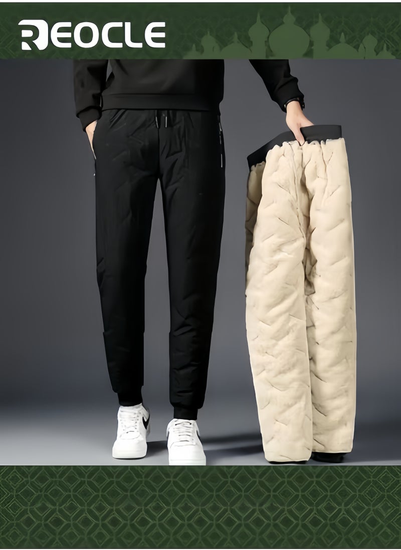 Winter Snow Pants Fleece-Lined Pants Waterproof Winter Warm Trousers Windproof Casual Loose-Fit Plus Size Thick Pants for Men and Women Black