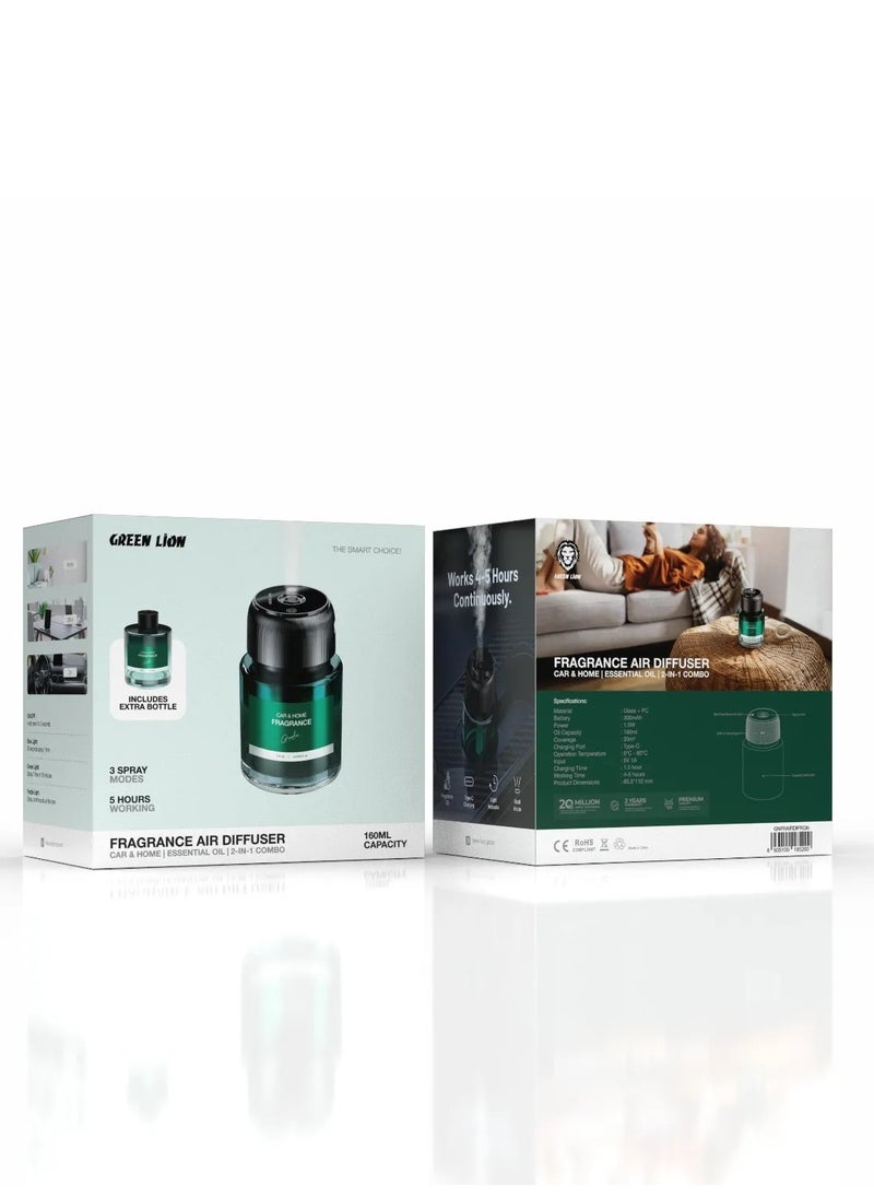 Fragrance Air Diffuser Multi Mode with Light Indicator, Type C Rechargeable, 160ml Capacity for Car Home Office Bedroom - Green