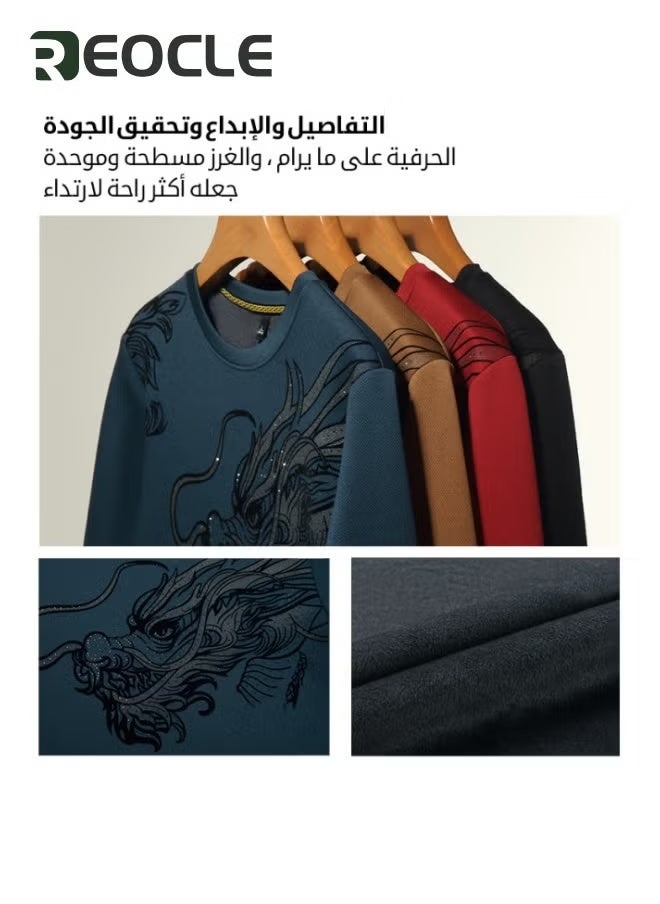Men's Fall Winter Printed Shiny Causal Pulls Without Hoodie Round Neck Shirt Warm Brown