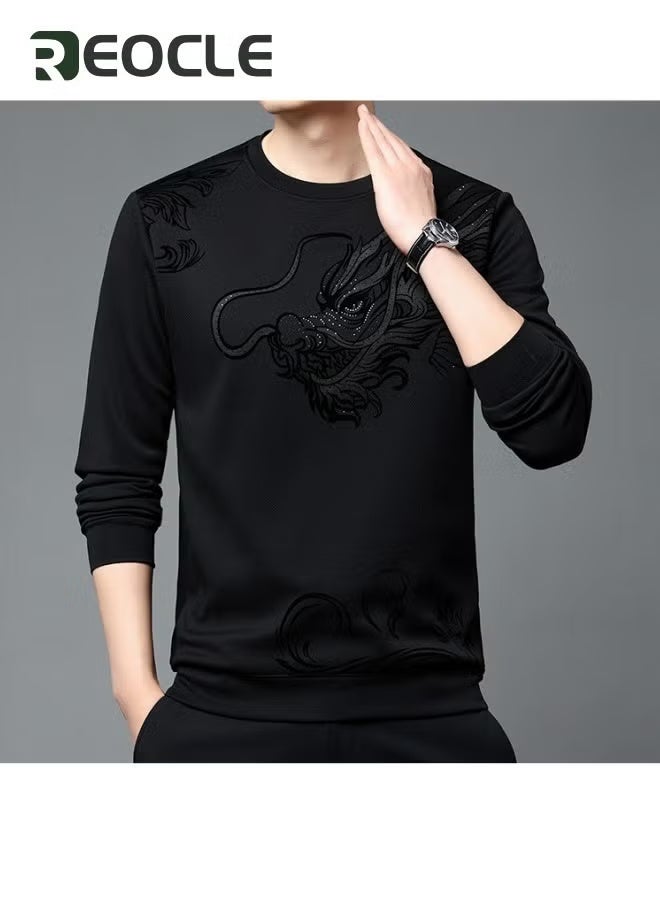 Men's Fall Winter Printed Shiny Causal Pulls Without Hoodie Round Neck Shirt Warm Brown