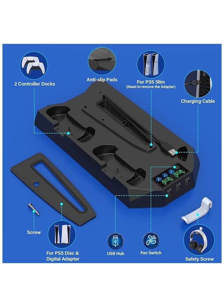 PS5 Slim Stand and Cooling Station with Controller Charging Station for Playsation 5 Slim&Standard Disc/Digital Console, PS5 Accessories Incl. Controller Charger/Turbo Fan/3 USB Hub/Headset holder
