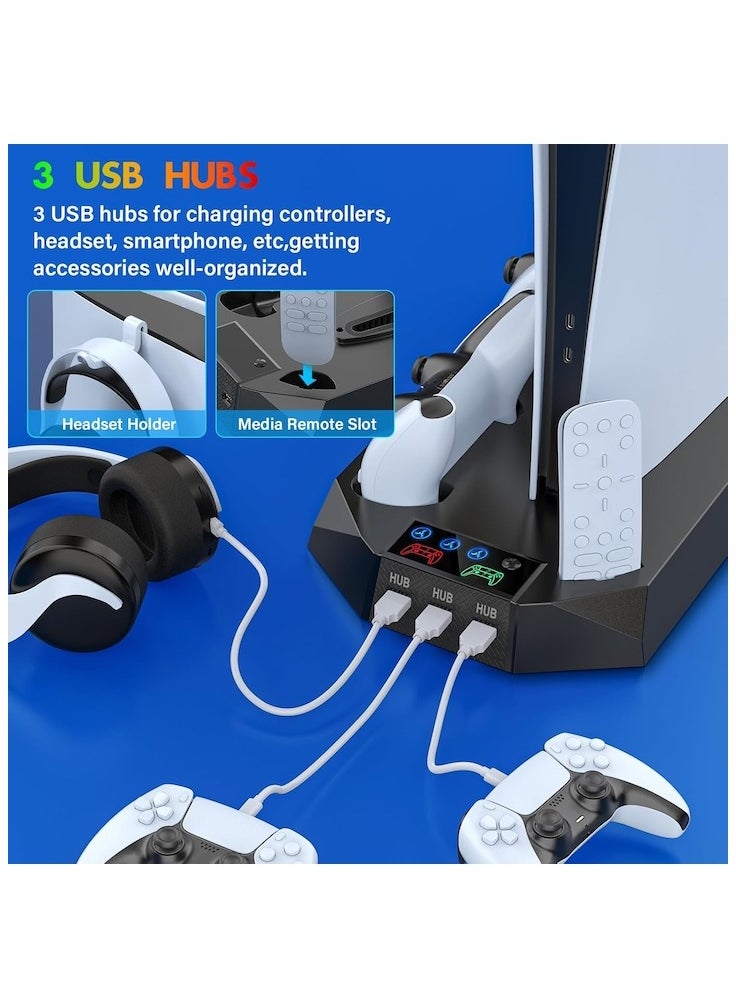 PS5 Slim Stand and Cooling Station with Controller Charging Station for Playsation 5 Slim&Standard Disc/Digital Console, PS5 Accessories Incl. Controller Charger/Turbo Fan/3 USB Hub/Headset holder