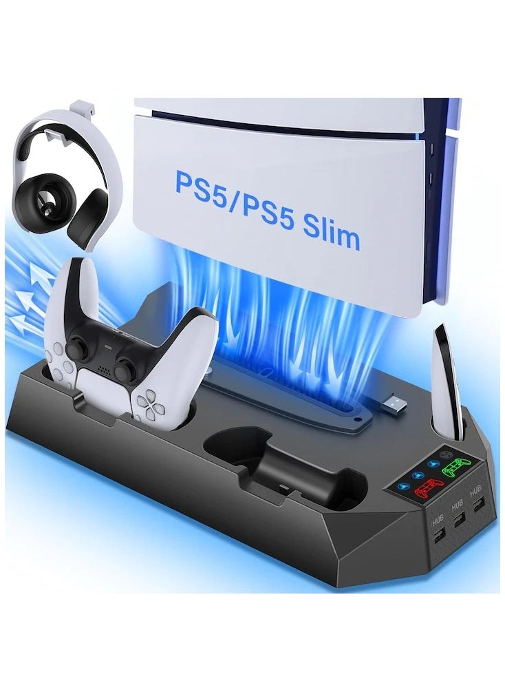 PS5 Slim Stand and Cooling Station with Controller Charging Station for Playsation 5 Slim&Standard Disc/Digital Console, PS5 Accessories Incl. Controller Charger/Turbo Fan/3 USB Hub/Headset holder