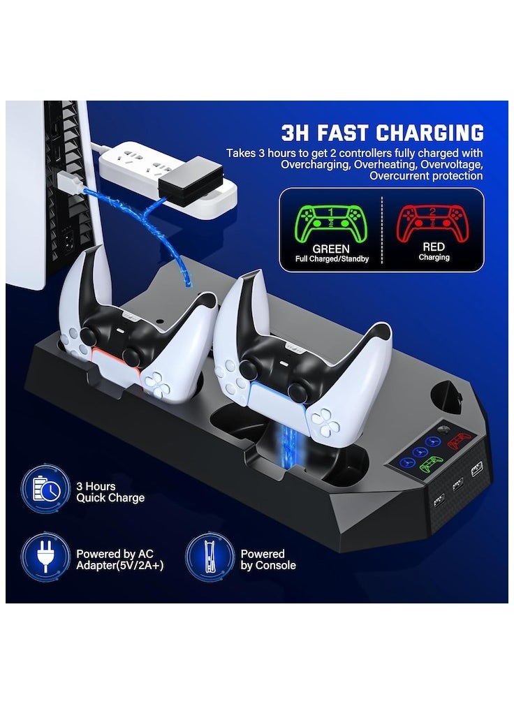 PS5 Slim Stand and Cooling Station with Controller Charging Station for Playsation 5 Slim&Standard Disc/Digital Console, PS5 Accessories Incl. Controller Charger/Turbo Fan/3 USB Hub/Headset holder