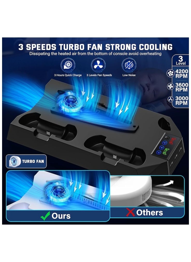 PS5 Slim Stand and Cooling Station with Controller Charging Station for Playsation 5 Slim&Standard Disc/Digital Console, PS5 Accessories Incl. Controller Charger/Turbo Fan/3 USB Hub/Headset holder
