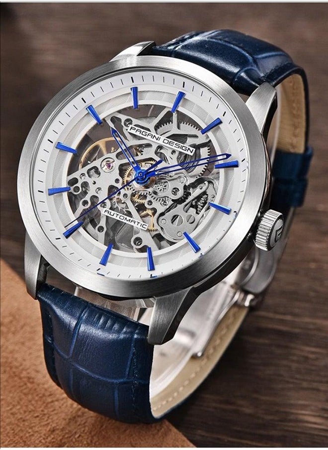 Men's Automatic Leather Strap Watch, Waterproof Watch, Stainless Steel Case, Transparent Bottom, Easy To Wear And Comfortable, Watch PD-1638 Silver Blue