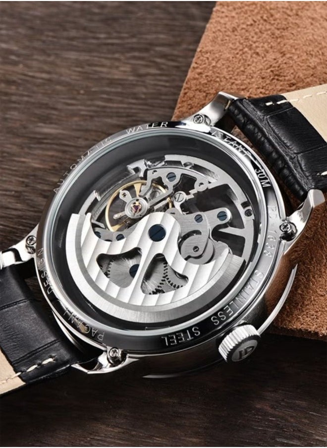 Men's Automatic Leather Strap Watch, Waterproof Watch, Stainless Steel Case, Transparent Bottom, Easy To Wear And Comfortable, Watch PD-1638 Silver Blue