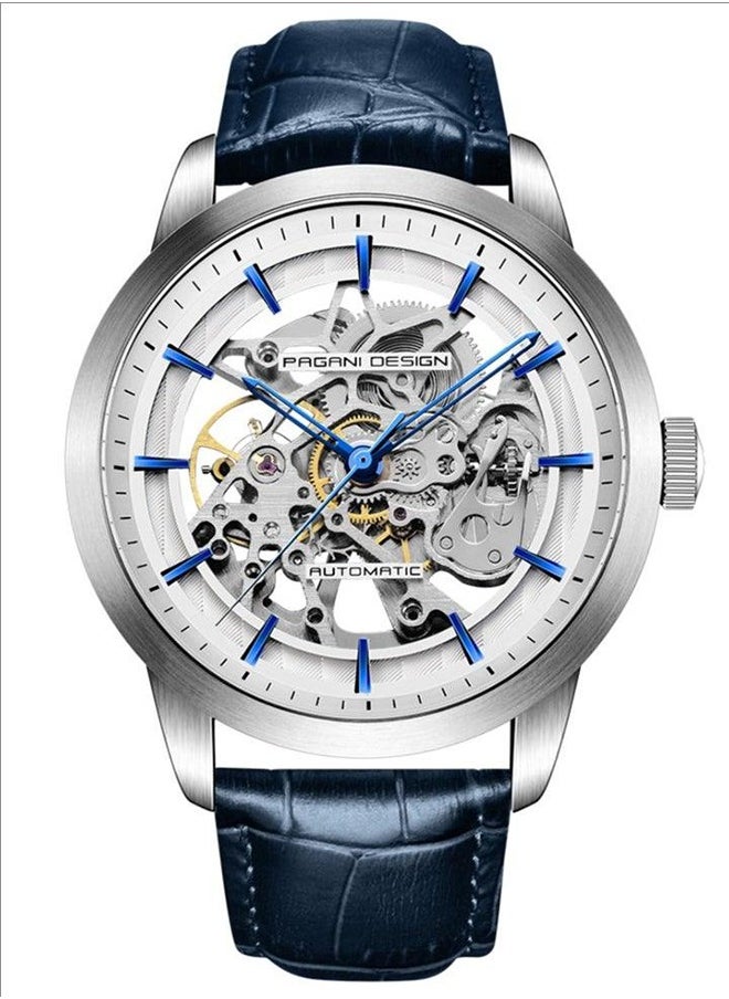 Men's Automatic Leather Strap Watch, Waterproof Watch, Stainless Steel Case, Transparent Bottom, Easy To Wear And Comfortable, Watch PD-1638 Silver Blue
