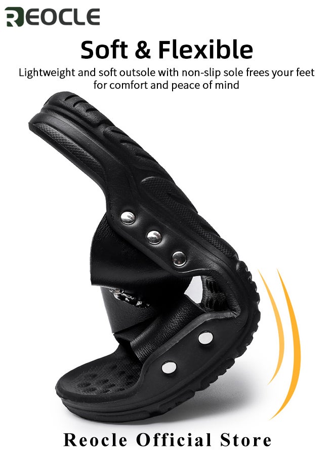 Men's Sandals Classic Vegan Leather Slippers with Anti-slip Sole Open Toe Slipper for Walk & Beach & Water Activities & Swimming Pool