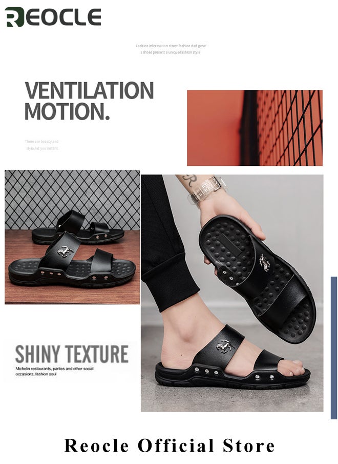Men's Sandals Classic Vegan Leather Slippers with Anti-slip Sole Open Toe Slipper for Walk & Beach & Water Activities & Swimming Pool