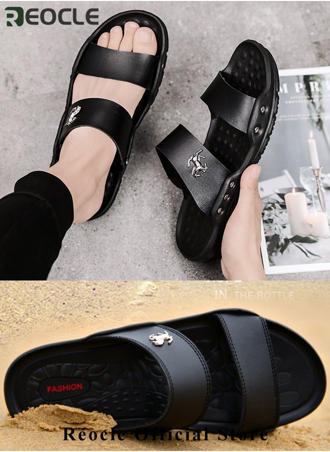 Men's Sandals Classic Vegan Leather Slippers with Anti-slip Sole Open Toe Slipper for Walk & Beach & Water Activities & Swimming Pool