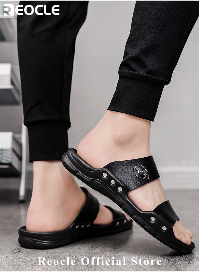 Men's Sandals Classic Vegan Leather Slippers with Anti-slip Sole Open Toe Slipper for Walk & Beach & Water Activities & Swimming Pool