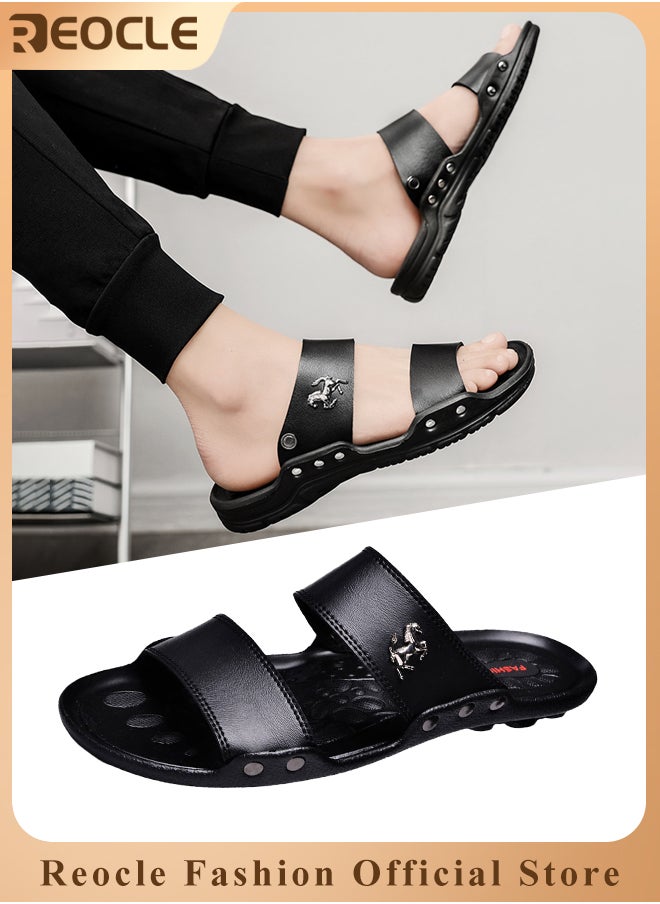 Men's Sandals Classic Vegan Leather Slippers with Anti-slip Sole Open Toe Slipper for Walk & Beach & Water Activities & Swimming Pool