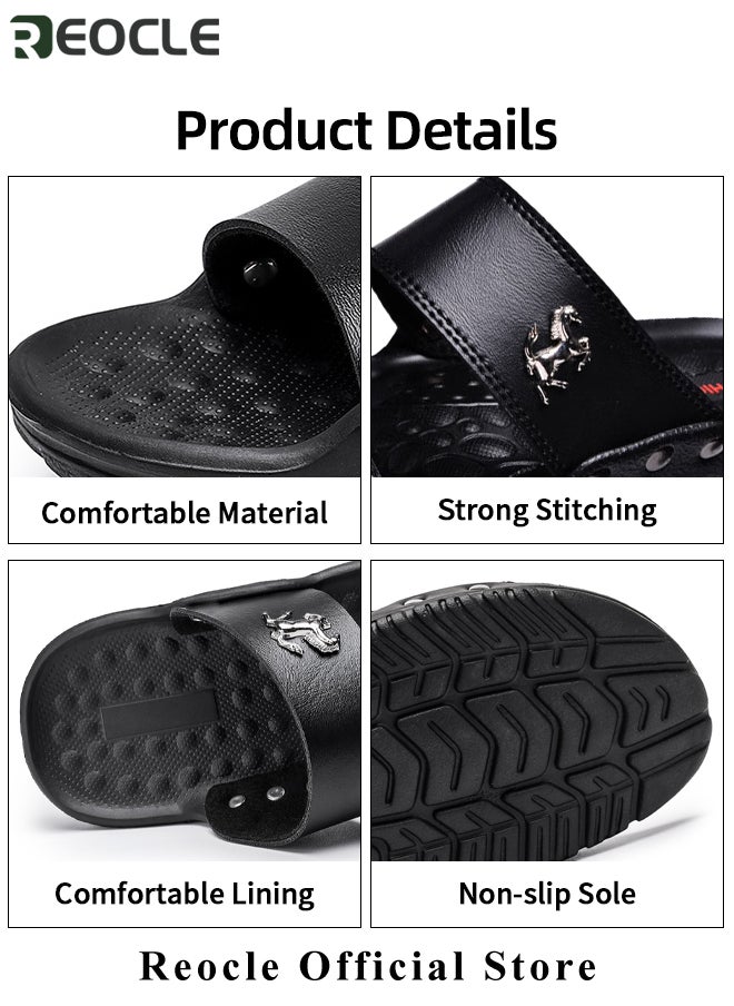 Men's Sandals Classic Vegan Leather Slippers with Anti-slip Sole Open Toe Slipper for Walk & Beach & Water Activities & Swimming Pool