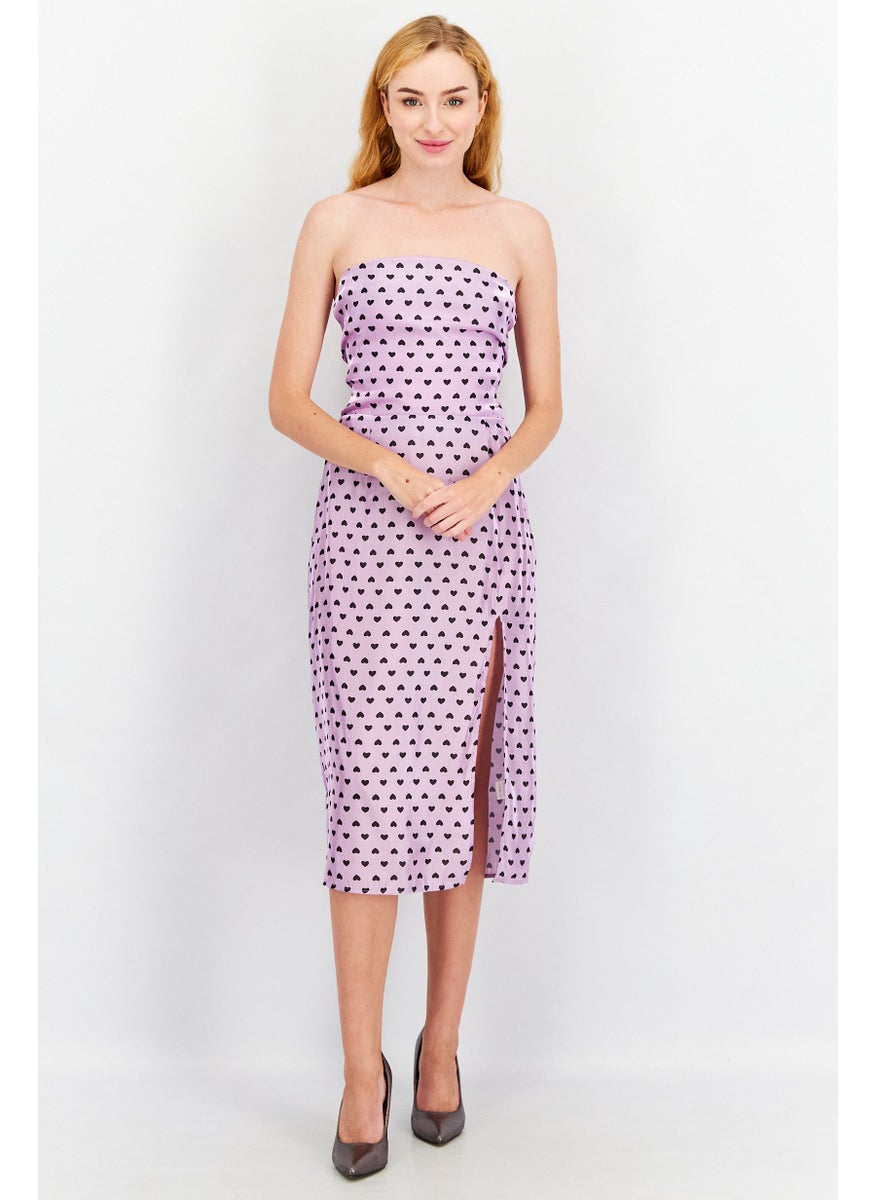Women Lilac Heart Print Open Back Midi Dress, Purple And Black