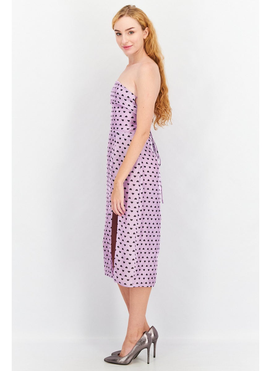 Women Lilac Heart Print Open Back Midi Dress, Purple And Black