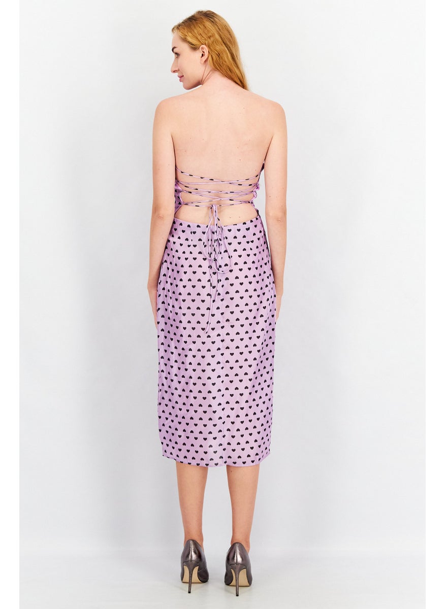 Women Lilac Heart Print Open Back Midi Dress, Purple And Black