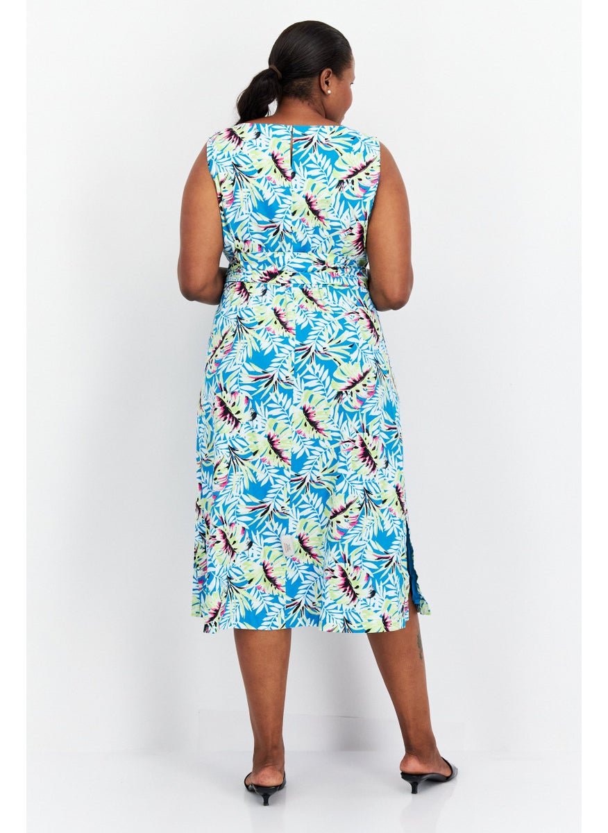 Women Plus Size V Neck Floral Midi Dress, Green Combo