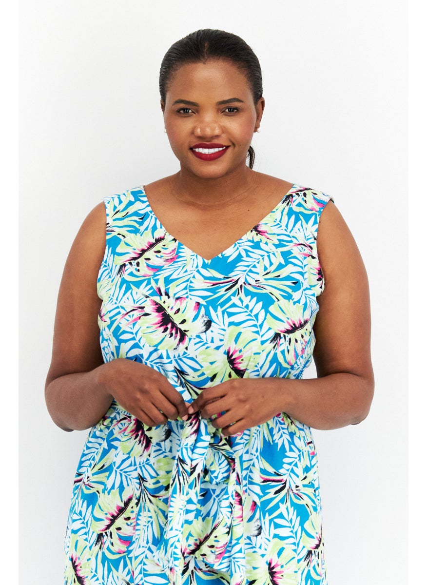 Women Plus Size V Neck Floral Midi Dress, Green Combo